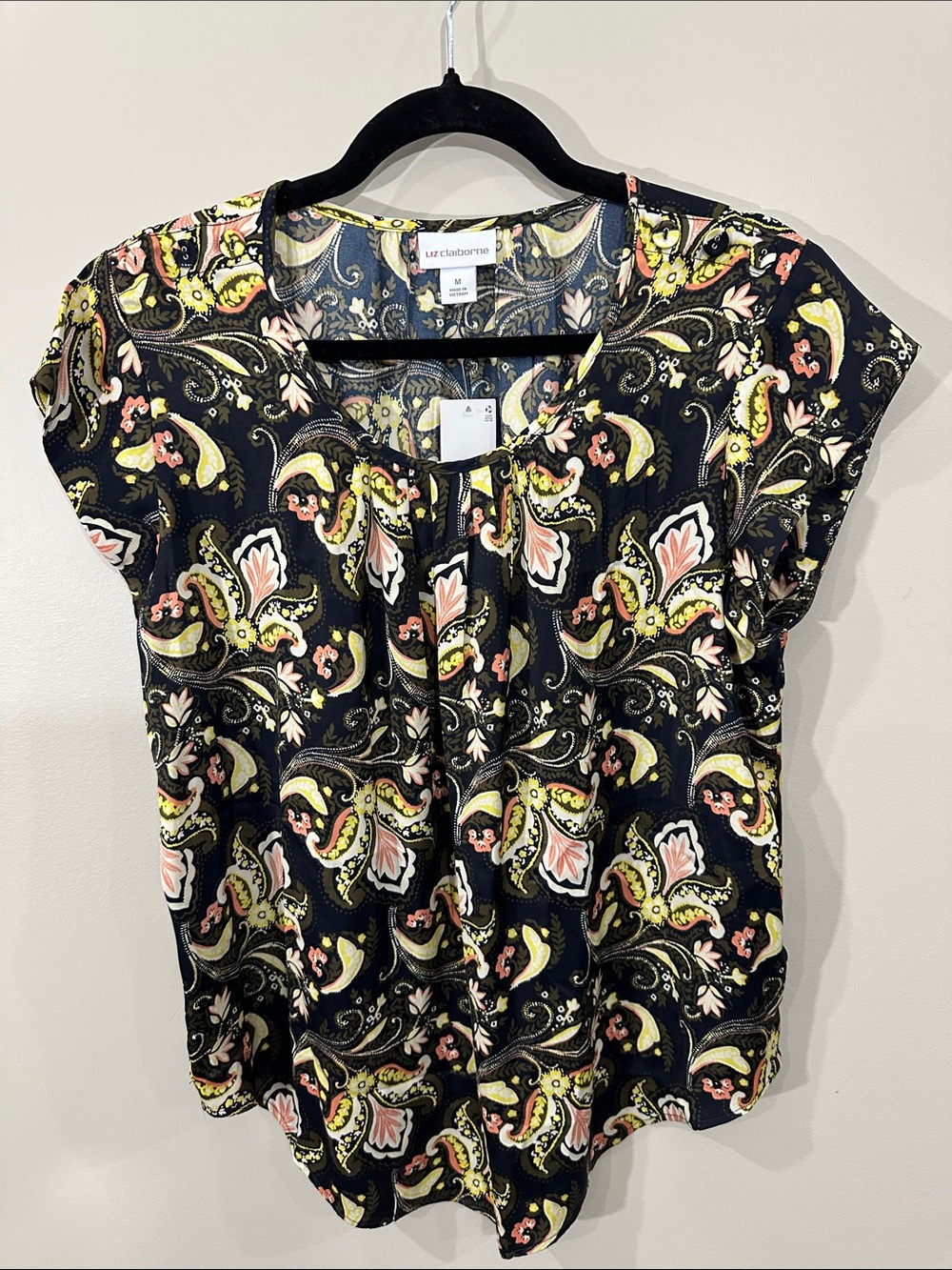 NWT Liz Claiborne Black Paisley Cap-Sleeve Blouse with Pink & Yellow Accents